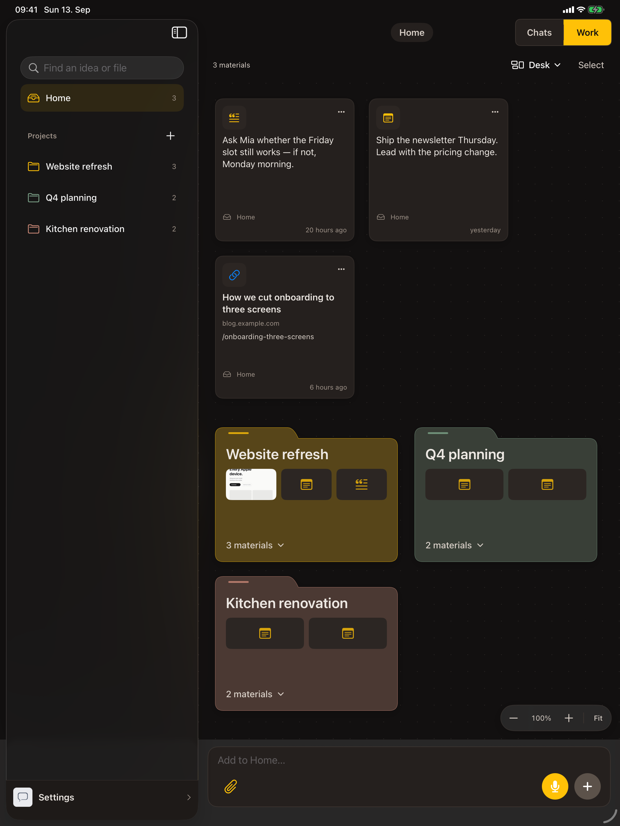 Conduck Work on iPad: loose materials and project folders arranged on the desk.