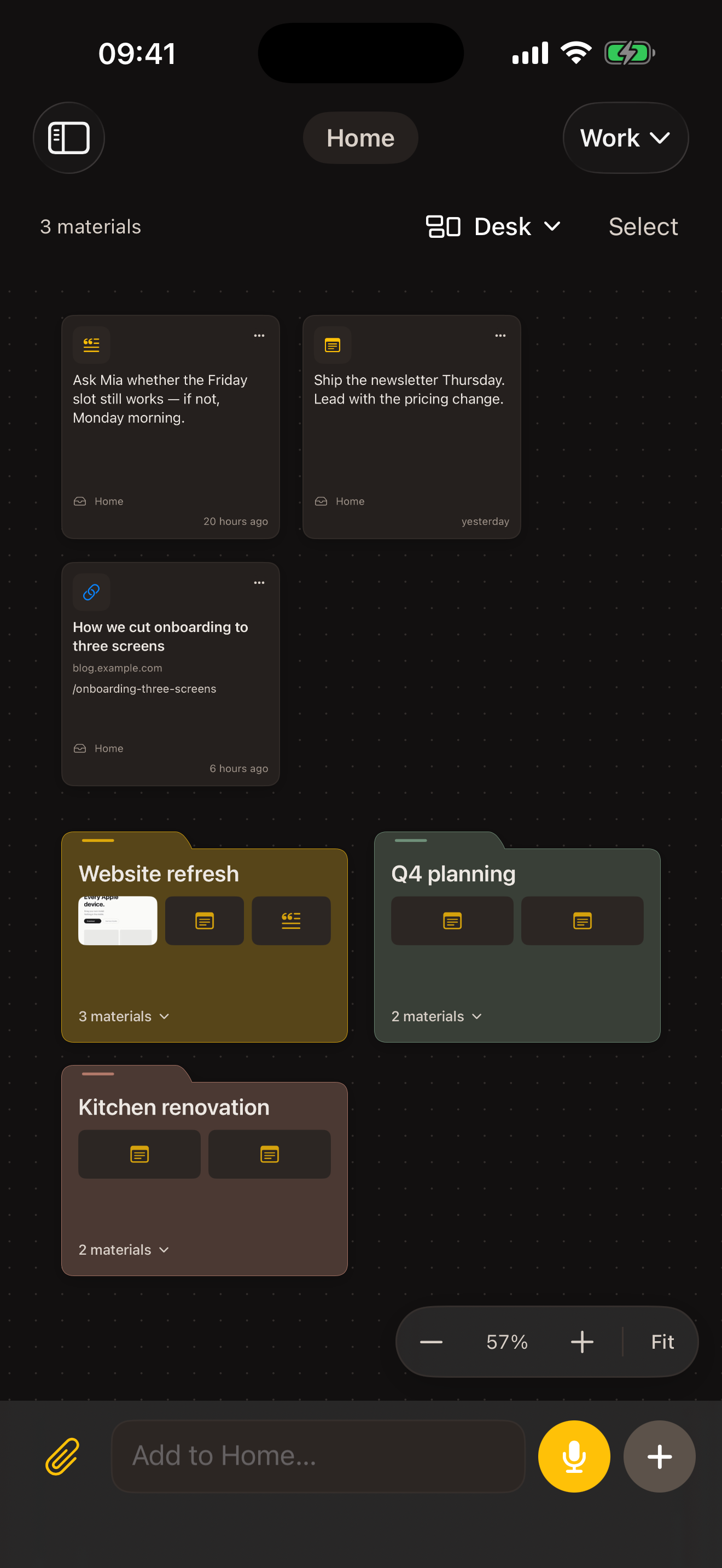 Conduck Work on iPad: loose materials and project folders arranged on the desk.