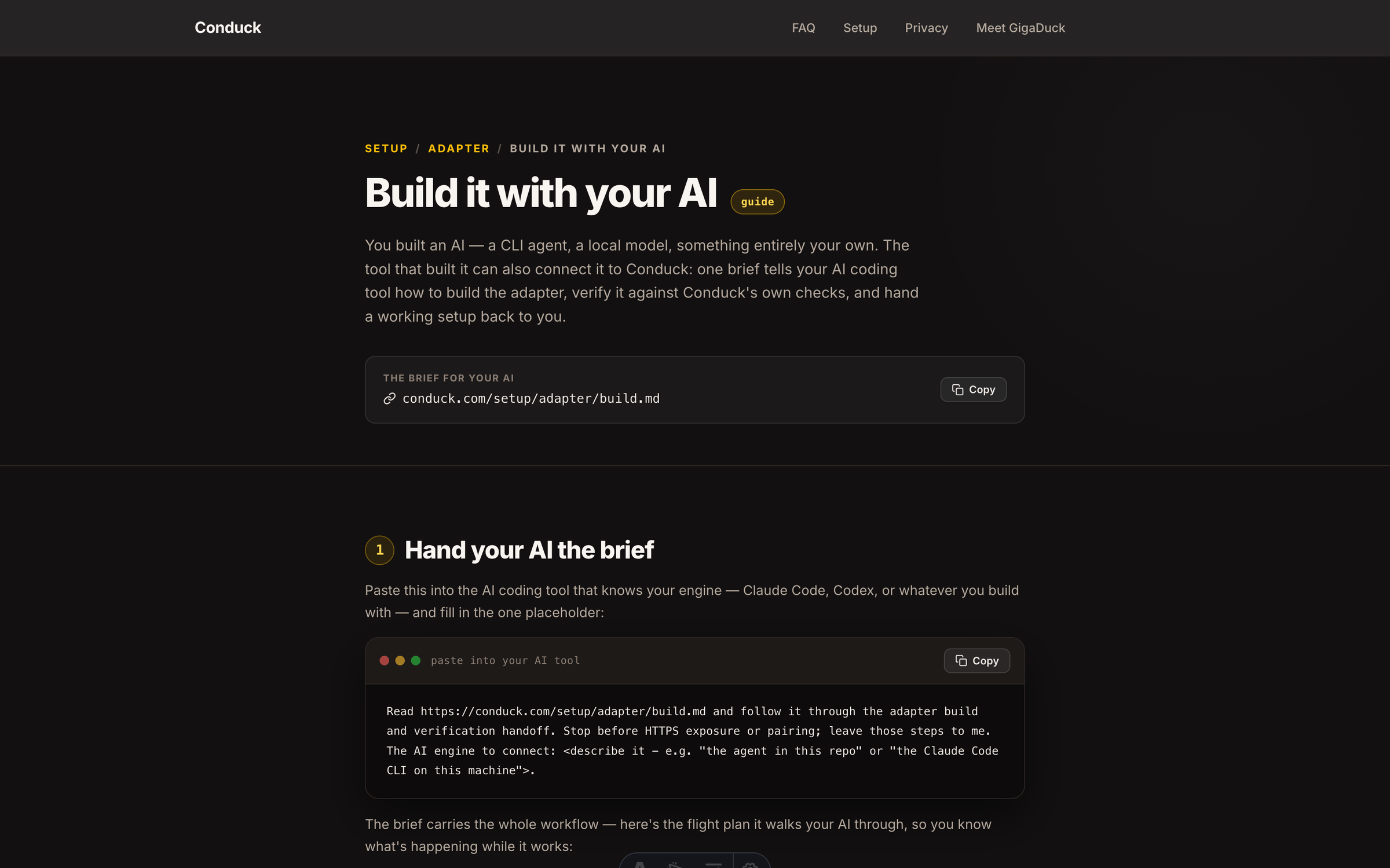 The Conduck setup website showing the Build it with your AI guide and the build.md link.