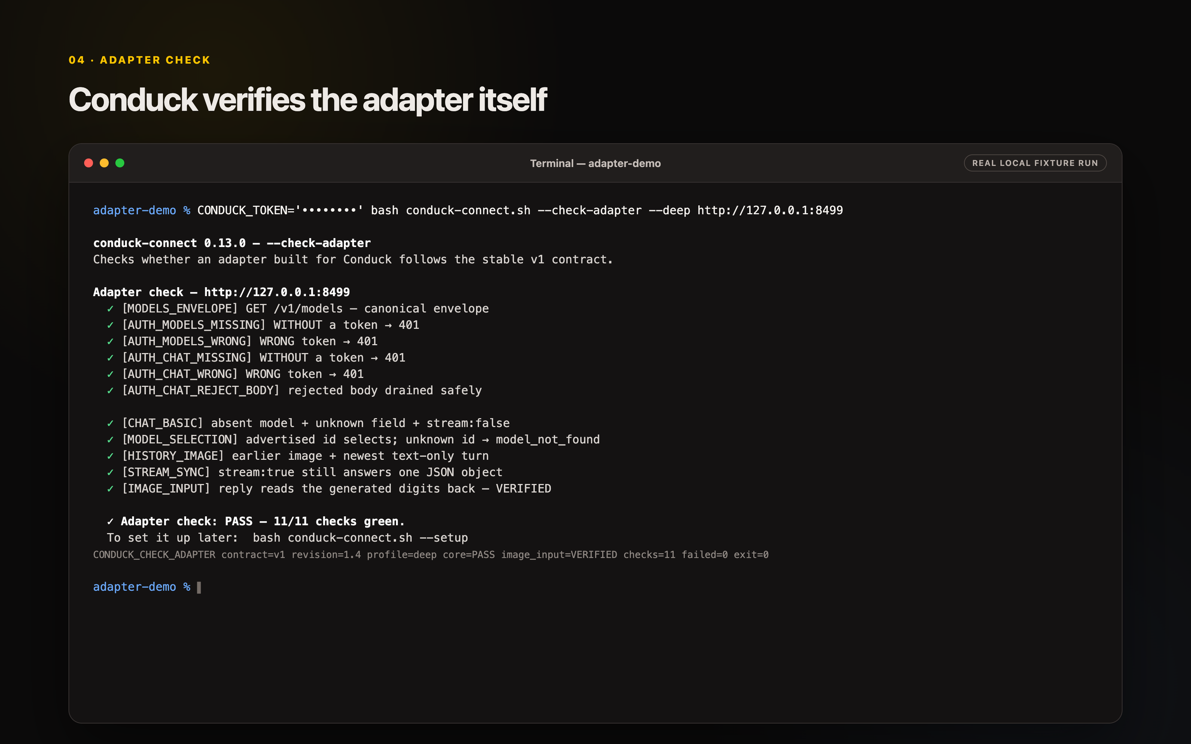 Fixture-backed terminal example showing Conduck’s deep adapter check passing 11 of 11 checks.