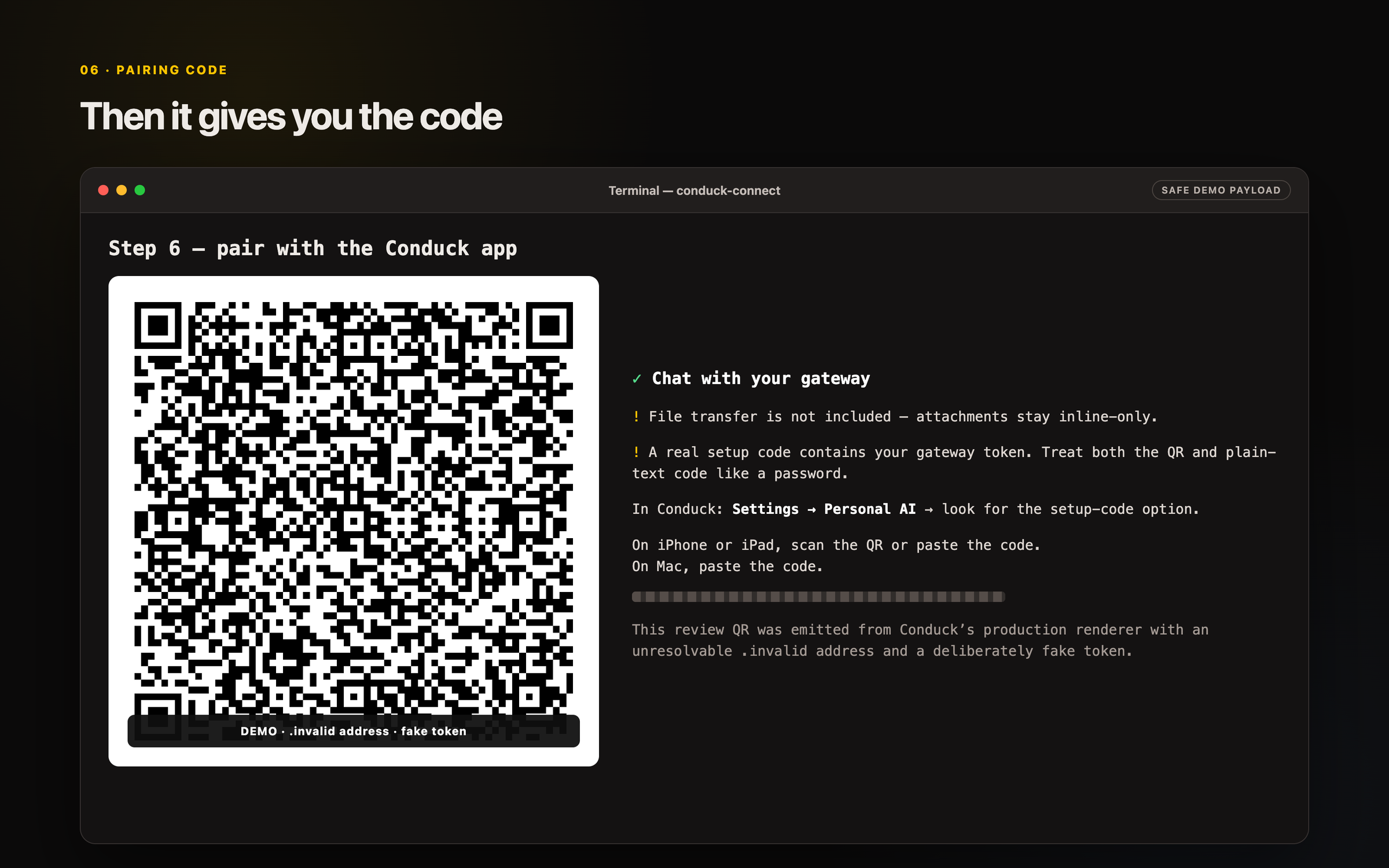 Safe demonstration pairing screen with a QR code for an unresolvable .invalid address and a fake token.
