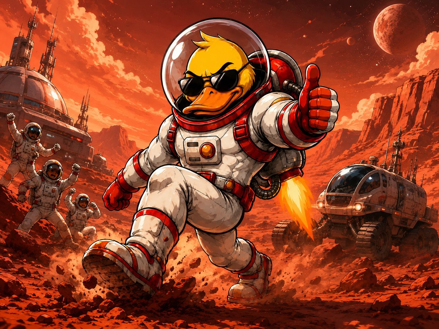 GigaDuck in a spacesuit with a jetpack giving a thumbs-up on the red Martian surface, crew and rover behind.