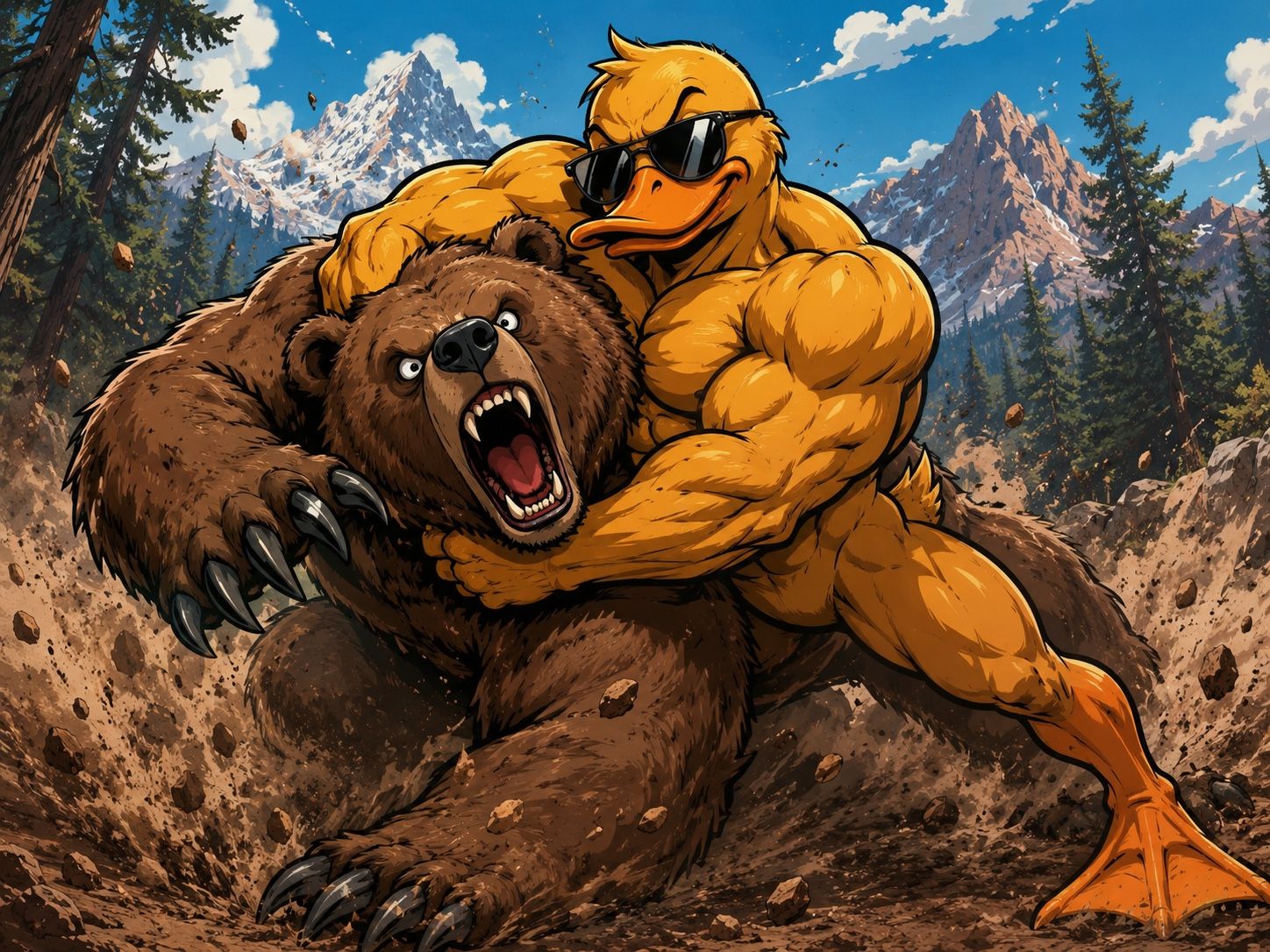 GigaDuck wrestling a roaring grizzly bear in a headlock in the mountain wilderness.