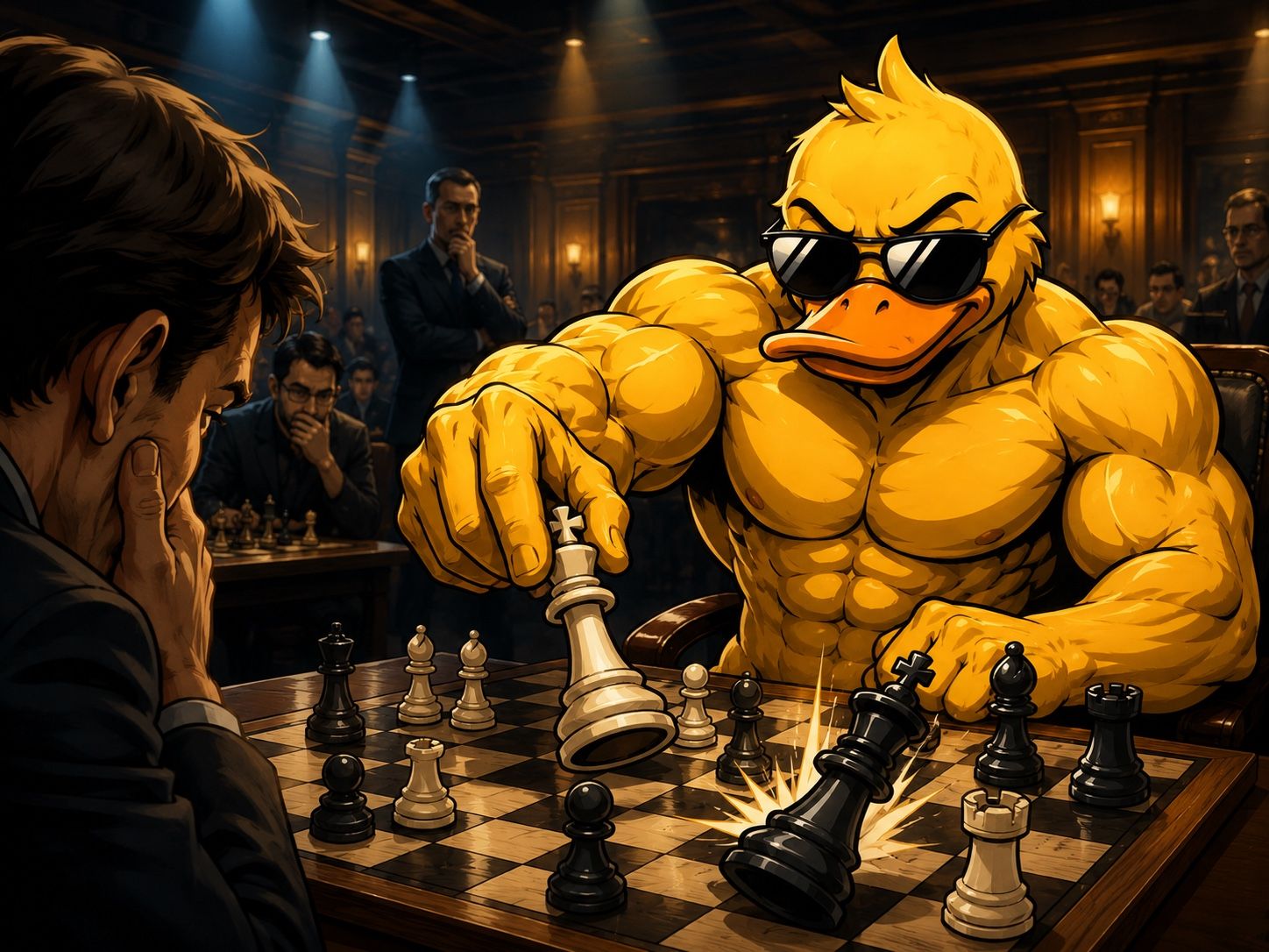 GigaDuck delivering checkmate at a chess tournament as his beaten opponent holds his head, spectators watching.