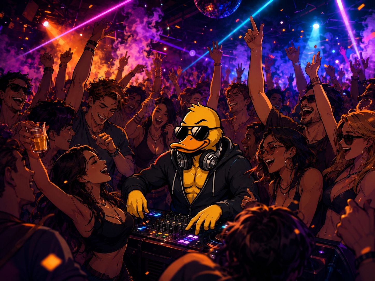 GigaDuck DJing behind the decks with headphones in a packed nightclub lit by lasers and a disco ball.