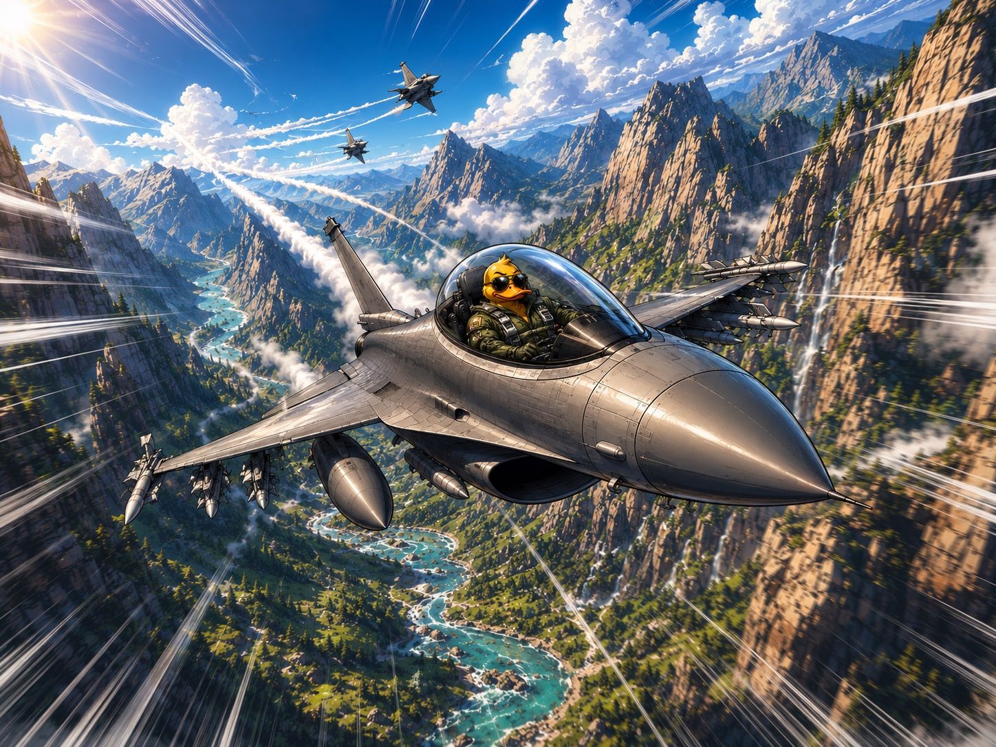GigaDuck piloting an F-16 fighter jet through a mountain canyon, wingmen trailing vapor.