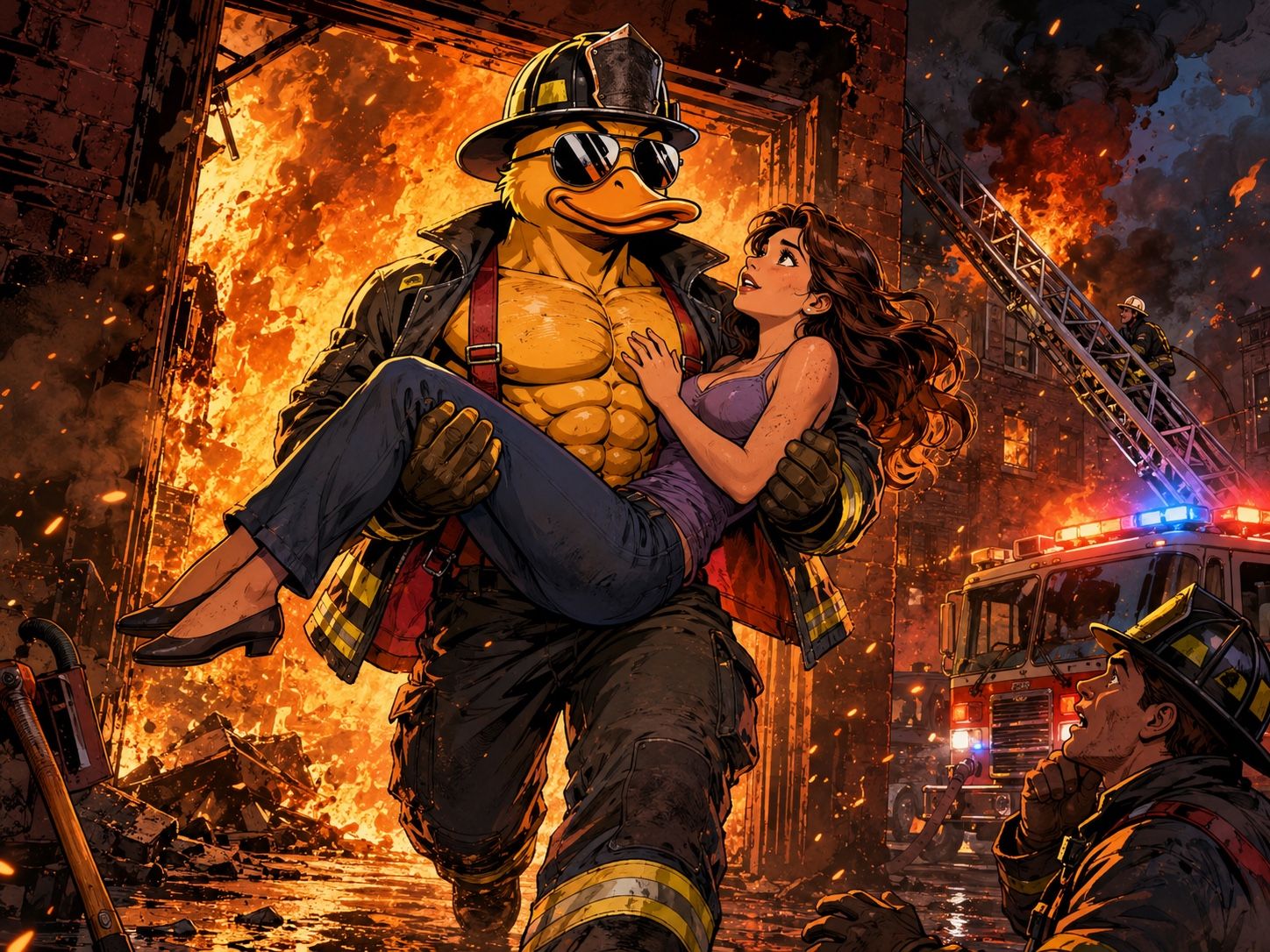 GigaDuck as a firefighter carrying a rescued woman out of a burning building, fire truck and crew behind.