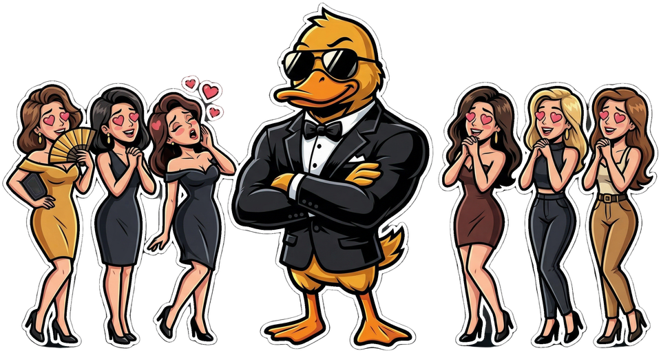 GigaDuck in a tuxedo, admirers swooning