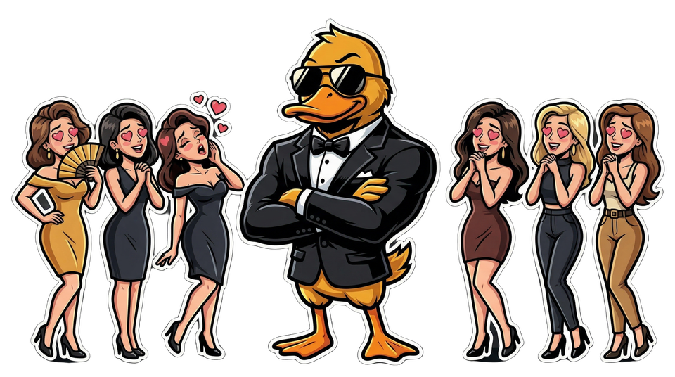 GigaDuck in a tuxedo, admirers swooning