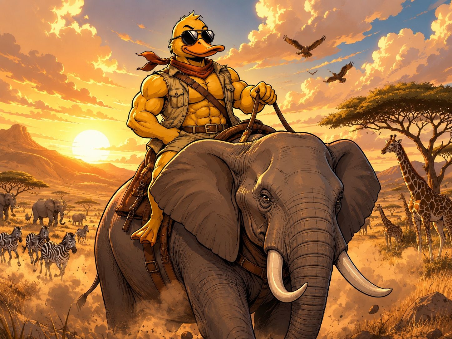 GigaDuck in safari gear riding an elephant across the savanna at sunset, giraffes and zebras in the distance.