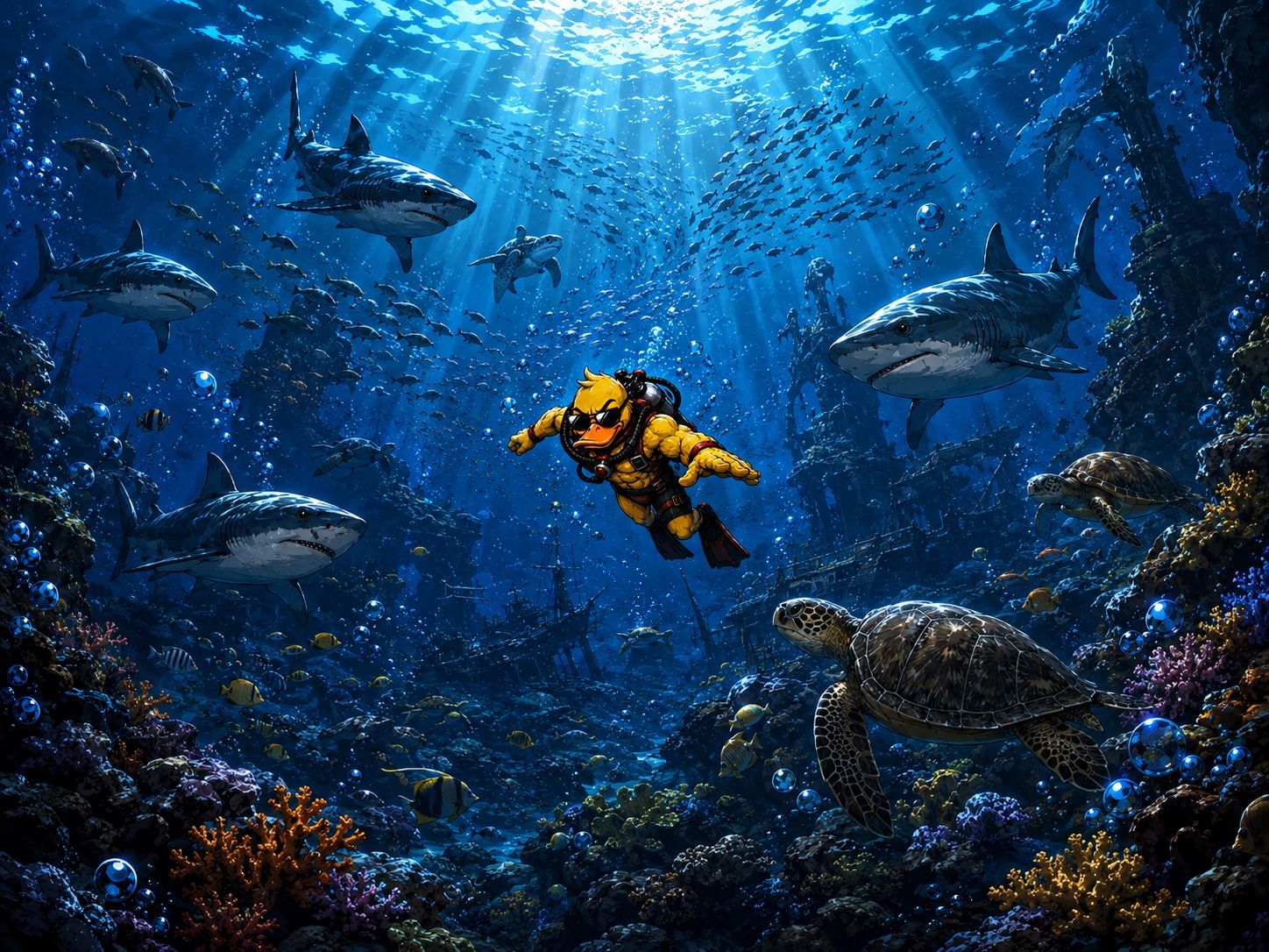 GigaDuck scuba diving in a yellow wetsuit among sharks, sea turtles and a coral reef, light from the surface.