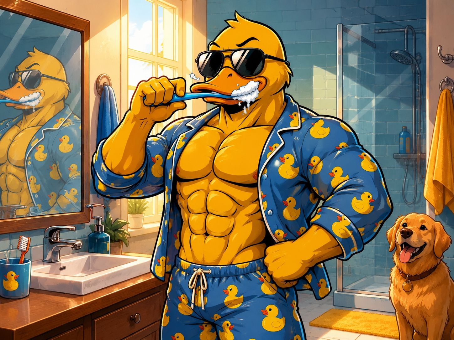 GigaDuck in rubber-duck-print pajamas brushing his teeth at a bathroom sink, a dog beside him.